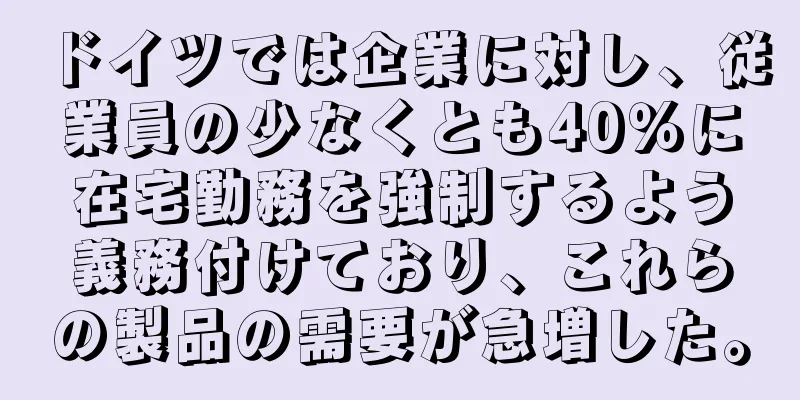 ドイツでは企業に対し、従業員の少なくとも40％に在宅勤務を強制するよう義務付けており、これらの製品の需要が急増した。