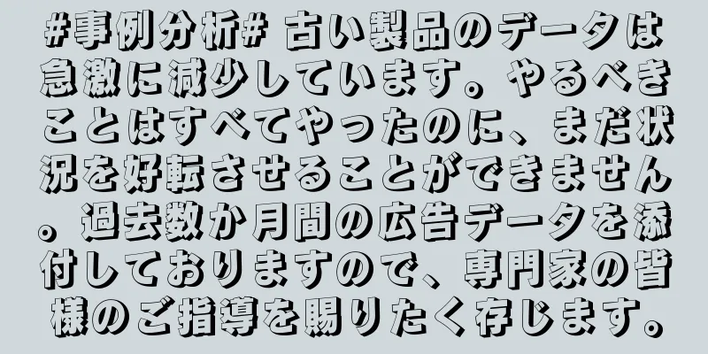 #事例分析# 古い製品のデータは急激に減少しています。やるべきことはすべてやったのに、まだ状況を好転させることができません。過去数か月間の広告データを添付しておりますので、専門家の皆様のご指導を賜りたく存じます。