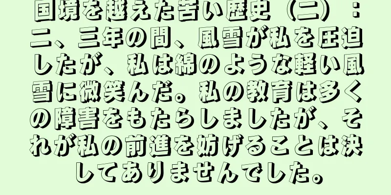 国境を越えた苦い歴史（二）：二、三年の間、風雪が私を圧迫したが、私は綿のような軽い風雪に微笑んだ。私の教育は多くの障害をもたらしましたが、それが私の前進を妨げることは決してありませんでした。