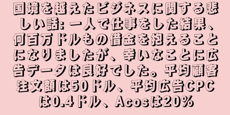 国境を越えたビジネスに関する悲しい話: 一人で仕事をした結果、何百万ドルもの借金を抱えることになりましたが、幸いなことに広告データは良好でした。平均顧客注文額は50ドル、平均広告CPCは0.4ドル、Acosは20%