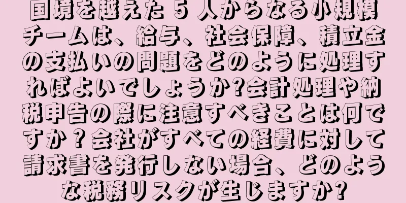 国境を越えた 5 人からなる小規模チームは、給与、社会保障、積立金の支払いの問題をどのように処理すればよいでしょうか?会計処理や納税申告の際に注意すべきことは何ですか？会社がすべての経費に対して請求書を発行しない場合、どのような税務リスクが生じますか?